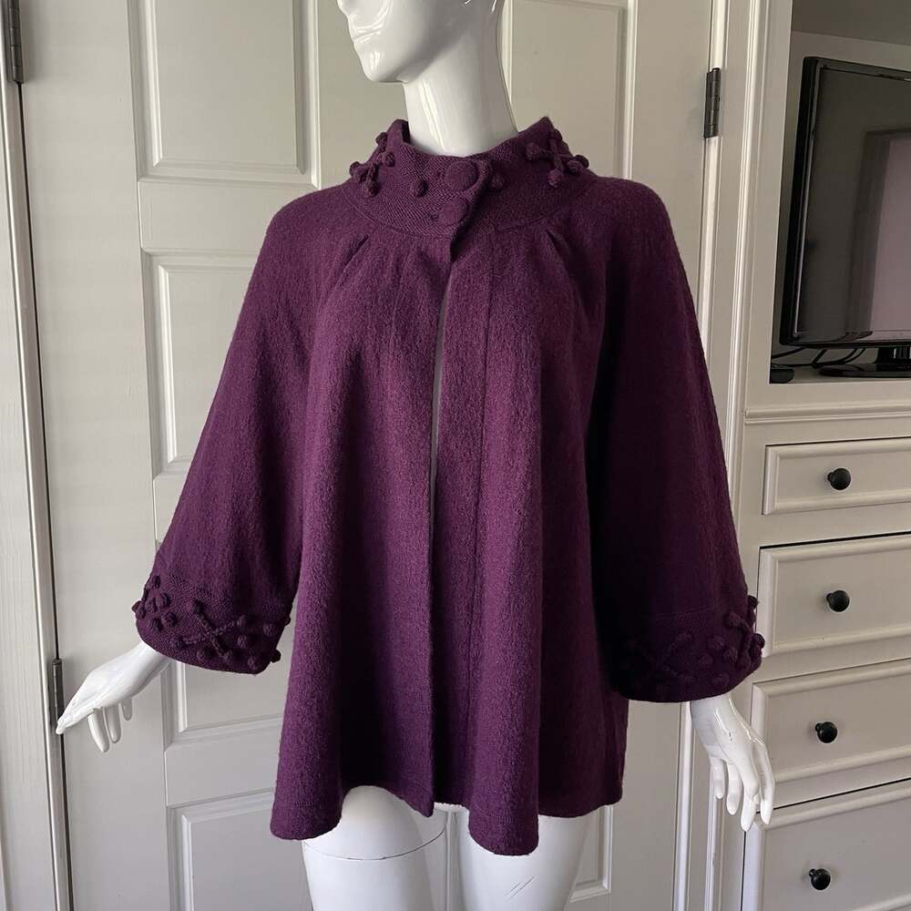 For Cynthia Womens Large Purple Cardigan Sweater Shawl 100% Wool Pom Pom Trim 1X